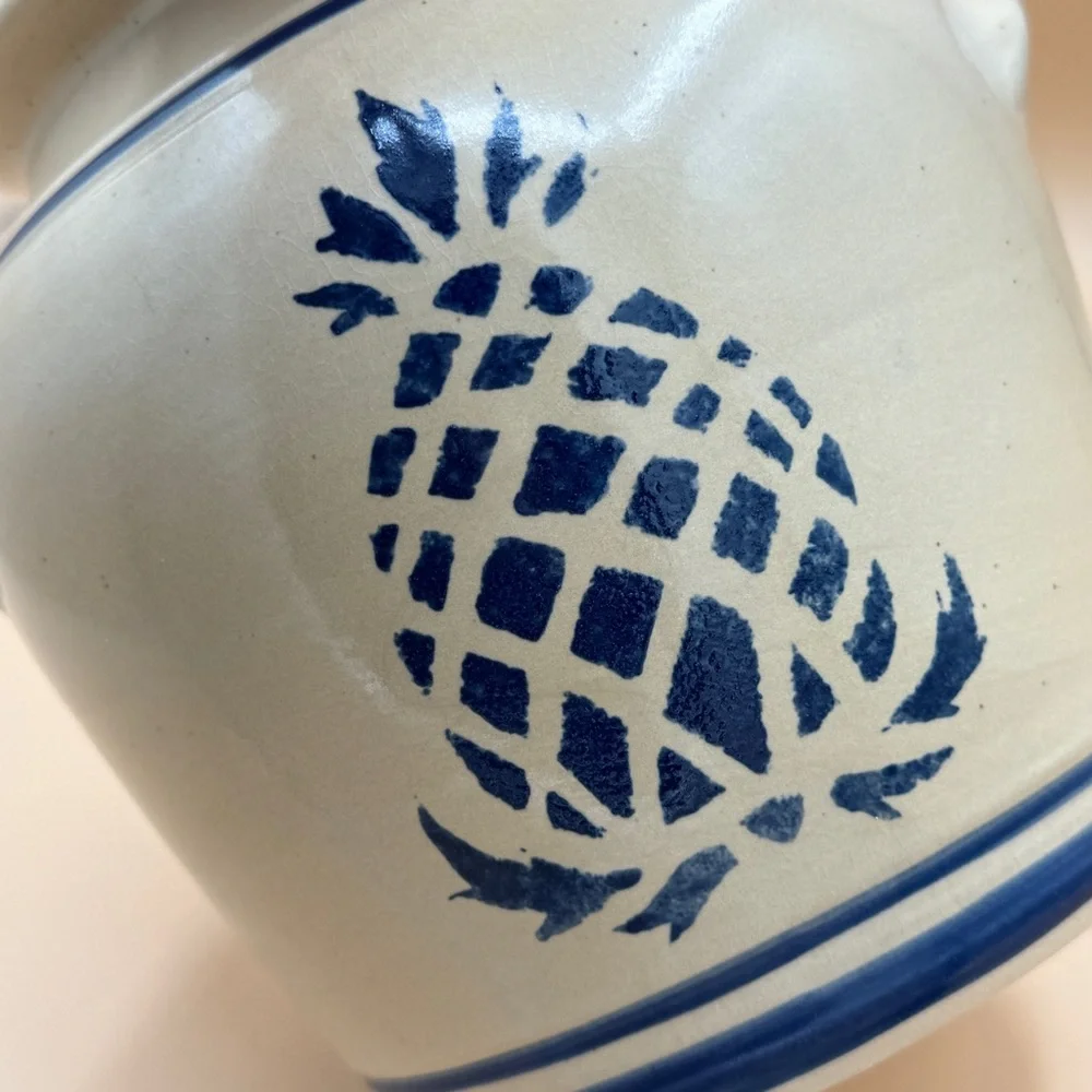 Vintage Olde Cape Cod Stoneware Ceramic Crock with Pineapple Motif 7.75”